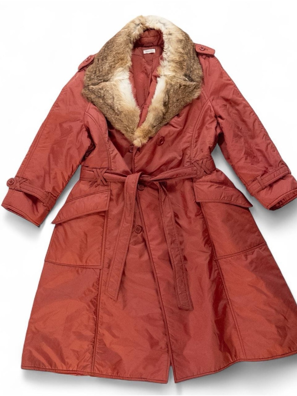 Vintage Red Nylon Long Coat with Removable French Rabbit Fur Collar